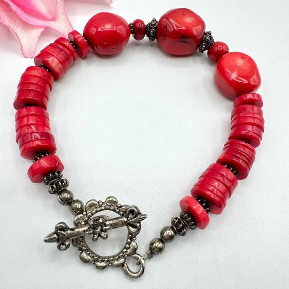 Chunky Red Dyed Bamboo Coral Toggle Clasp Bracelet Bali Style Beads Bohemian Big - Picture 2 of 10